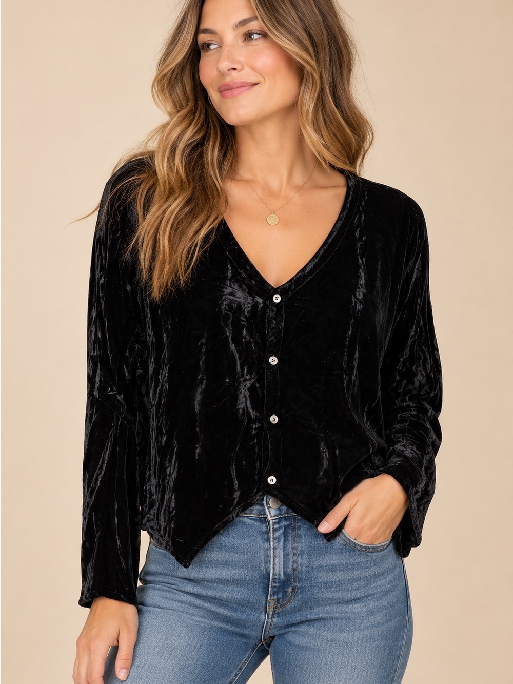 CP Shades San Francisco Black Crushed Velvet Button Front Top Small